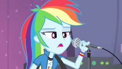 Size: 3410x1920 | Tagged: safe, imported from derpibooru, screencap, rainbow dash, equestria girls, rainbow rocks, clothes, cutie mark on clothes, female, high res, microphone, open mouth, solo