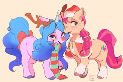 Size: 2601x1745 | Tagged: safe, artist:tohupo, imported from derpibooru, izzy moonbow, sunny starscout, earth pony, pony, unicorn, antlers, bow, christmas, clothes, cute, duo, female, g5, hat, holiday, izzybetes, mare, my little pony: a new generation, red nose, santa hat, scarf, tail, tail bow, unshorn fetlocks