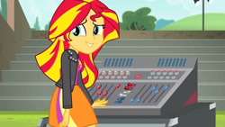 Size: 3410x1920 | Tagged: safe, imported from derpibooru, screencap, sunset shimmer, equestria girls, rainbow rocks, clothes, cutie mark on clothes, female, high res, jacket, leather, leather jacket, smiling, solo