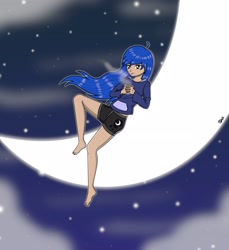 Size: 3120x3413 | Tagged: safe, artist:banquo0, imported from derpibooru, princess luna, human, barefoot, clothes, feet, food, high res, hoodie, humanized, moon, night, night sky, shorts, sky, solo, stars, tangible heavenly object, tea