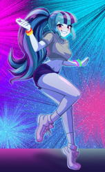 Size: 1024x1685 | Tagged: safe, artist:rileyav, imported from derpibooru, sonata dusk, equestria girls, ass, belly button, blushing, booty shorts, breasts, butt, clothes, commission, cropped hoodie, daisy dukes, dancing, disco, eyebrows, eyebrows visible through hair, eyelashes, eyeshadow, female, glow rings, grin, legs, light show, makeup, midriff, ponytail, ripped shorts, sexy, shoes, short shirt, shorts, smiling, sneakers, solo, thighs, wristband