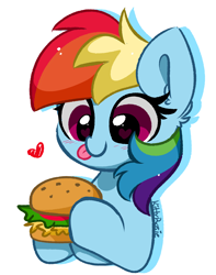 Size: 3856x4900 | Tagged: safe, artist:kittyrosie, imported from derpibooru, rainbow dash, pegasus, pony, borgarposting, burger, cute, dashabetes, ear fluff, floating heart, food, hay burger, heart, heart eyes, licking, licking lips, simple background, solo, tongue out, white background, wingding eyes