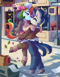 Size: 3214x4096 | Tagged: safe, artist:saxopi, imported from derpibooru, rainbow dash, oc, oc:dopami korpela, semi-anthro, building, canon x oc, clothes, coca-cola, commission, dopadash, female, flower, flower in hair, hug, leaves, male, paper bag, reunion, road sign, shipping, sign, straight, street, ych result