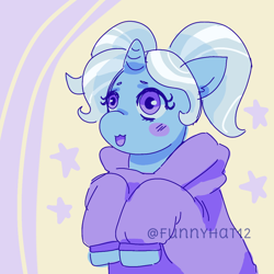 Size: 1000x1000 | Tagged: safe, artist:funnyhat12, imported from derpibooru, trixie, unicorn, abstract background, alternate hairstyle, babysitter trixie, blush sticker, blushing, clothes, cute, diatrixes, eyelashes, female, hoodie, horn, mare, open mouth, solo