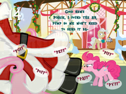 Size: 1280x960 | Tagged: safe, artist:bronybyexception, artist:cloudy glow, artist:maliciousbadger, imported from derpibooru, fluttershy, mayor mare, pinkie pie, earth pony, pony, 14, advent calendar, air pump, blowing, christmas, christmas decoration, dialogue, female, holiday, inflatable santa, mare, santa claus, snow, this will end in balloons, this will not end well