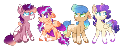 Size: 2864x1186 | Tagged: safe, artist:moccabliss, imported from derpibooru, oc, oc only, oc:lavender moonbow, oc:lightning stripe, oc:sea storm, oc:stellaluna, earth pony, pegasus, pony, unicorn, colored wings, colt, female, filly, g5, magical lesbian spawn, male, my little pony: a new generation, offspring, parent:izzy moonbow, parent:sunny starscout, parent:zipp storm, simple background, transgender, transparent background, two toned wings, wings