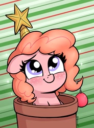 Size: 1242x1690 | Tagged: safe, artist:heretichesh, imported from derpibooru, oc, oc only, oc:peachy keen, earth pony, pony, abstract background, christmas ornament, cute, decoration, female, filly, floppy ears, flower pot, freckles, ocbetes, smiling, solo