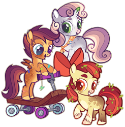 Size: 1715x1746 | Tagged: safe, artist:sleepy-nova, imported from derpibooru, apple bloom, scootaloo, sweetie belle, earth pony, pegasus, pony, unicorn, alternate design, bipedal, cutie mark crusaders, female, gender headcanon, headcanon, lgbt headcanon, nonbinary, nonbinary pride flag, pride, pride flag, scooter, simple background, trans female, transgender, transgender pride flag, transparent background, trio, trio female