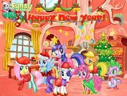 Size: 700x525 | Tagged: safe, artist:user15432, imported from derpibooru, applejack, fluttershy, pinkie pie, rainbow dash, rarity, spike, twilight sparkle, dragon, earth pony, pegasus, pony, unicorn, bell, candle, cardboard twilight, christmas, christmas lights, christmas ornament, christmas ornaments, christmas outfit, christmas ponies, christmas presents, christmas star, christmas tree, clothes, costume, cupcake, decoration, female, flash game, food, fynsy, happy new year, hat, holiday, holly, looking at you, mane seven, mane six, mare, merry christmas, present, santa costume, santa hat, shoes, snowman, stock vector, tree, unicorn twilight, winter, winter outfit