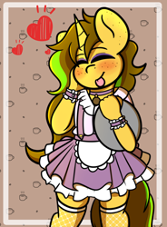 Size: 3108x4222 | Tagged: safe, artist:theawkwarddork, imported from derpibooru, oc, oc:awkward dork, anthro, unicorn, :p, blushing, cafe, clothes, crossdressing, daydream, eyeshadow, femboy, fishnets, freckles, maid, makeup, male, solo, tongue out