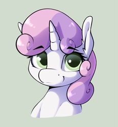 Size: 2675x2899 | Tagged: safe, artist:aquaticvibes, imported from derpibooru, sweetie belle, pony, unicorn, bust, cute, diasweetes, female, filly, high res, looking at you, simple background, smiling, smiling at you, solo