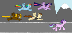 Size: 2440x1126 | Tagged: safe, artist:red-brick-1, imported from derpibooru, rainbow dash, starlight glimmer, twilight sparkle, oc, oc:mellow rhythm, alicorn, flying, mountain, running, twilight sparkle (alicorn)