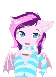 Size: 3200x4400 | Tagged: safe, artist:lunar froxy, imported from derpibooru, oc, oc only, oc:plum taffy, bat pony, pony, cheek fluff, chest fluff, chocolate, clothes, cute, ear fluff, eyebrows, eyebrows visible through hair, food, hot chocolate, looking at you, male, scarf, simple background, socks, solo, stallion, striped socks, transparent background, wings