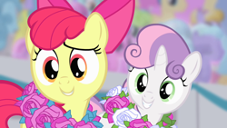 Size: 1920x1080 | Tagged: safe, imported from derpibooru, screencap, apple bloom, sweetie belle, earth pony, pony, unicorn, flight to the finish, season 4, apple bloom's bow, bow, duo, female, filly, foal, hair bow, looking at something, smiling