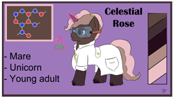 Size: 1192x670 | Tagged: safe, artist:schumette14, imported from derpibooru, oc, oc:celestial rose, unicorn, alternate universe, female, mare, multiverse, offspring, parent:minty mocha, parent:silver zoom, parents:mintyzoom, parents:silvermocha, scientist