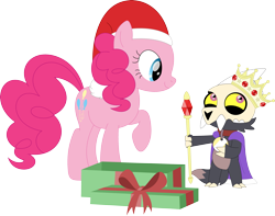 Size: 3567x2811 | Tagged: safe, artist:porygon2z, imported from derpibooru, pinkie pie, earth pony, pony, broken horn, cape, christmas, clothes, collar, crossover, crown, duo, female, friendshipping, hat, high res, holiday, horn, jewelry, king, king clawthorne, male, mare, namesake, pet tag, pun, regalia, santa hat, show accurate, simple background, skull, the owl house, titan, transparent background, vector, visual pun