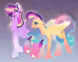 Size: 1902x1519 | Tagged: safe, artist:faunahoof, imported from derpibooru, fluttershy, twilight sparkle, alicorn, pegasus, pony, pony town, alternate design, blank flank, blushing, chest fluff, colored wings, ears back, fluffy, glowing, hoof fluff, laughing, multicolored eyes, multicolored hair, multicolored mane, multicolored tail, multicolored wings, spread wings, tail, tundra, twilight sparkle (alicorn), wings, winter