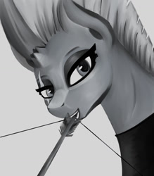 Size: 1127x1288 | Tagged: safe, artist:dsana, imported from derpibooru, tempest shadow, pony, unicorn, arrow, black and white, bow (weapon), bust, grayscale, monochrome, portrait, solo