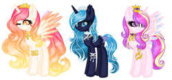 Size: 1280x601 | Tagged: safe, artist:fantarianna, imported from derpibooru, princess cadance, princess celestia, princess luna, alicorn, pony, colored wings, crown, eyelashes, female, jewelry, one eye closed, redesign, regalia, simple background, smiling, transparent background, two toned wings, wings, wink