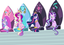 Size: 3232x2308 | Tagged: safe, artist:gihhbloonde, imported from derpibooru, princess cadance, princess flurry heart, starlight glimmer, twilight sparkle, alicorn, pony, alicorn thrones, alicornified, base used, ethereal mane, eyelashes, female, high res, mare, older, older flurry heart, peytral, race swap, simple background, sitting, starlicorn, starry mane, throne, white background
