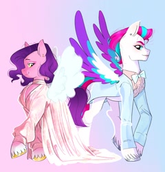Size: 1708x1781 | Tagged: safe, artist:aztrial, imported from derpibooru, pipp petals, zipp storm, pegasus, pony, bowtie, clothes, dress, duo, female, g5, my little pony: a new generation, royal sisters (g5), siblings, sisters, suit