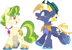 Size: 1280x896 | Tagged: safe, artist:rohans-ponies, imported from derpibooru, pistachio, star tracker, earth pony, pony, accessory swap, deviantart watermark, hat, male, obtrusive watermark, simple background, stallion, transparent background, watermark
