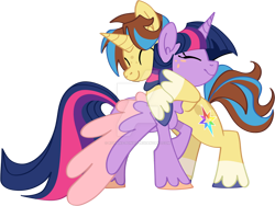 Size: 1280x964 | Tagged: safe, artist:rohans-ponies, imported from derpibooru, twilight sparkle, oc, oc:starboxy, alicorn, pony, unicorn, colored wings, deviantart watermark, hug, obtrusive watermark, simple background, transparent background, twilight sparkle (alicorn), two toned wings, watermark, wings