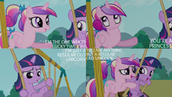 Size: 1280x720 | Tagged: safe, edit, edited screencap, editor:quoterific, imported from derpibooru, screencap, princess cadance, twilight sparkle, alicorn, pony, unicorn, a canterlot wedding, season 2, female, filly, filly cadance, filly twilight sparkle, open mouth, open smile, smiling, unicorn twilight, younger