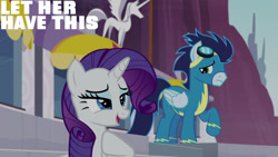 Size: 1280x720 | Tagged: safe, edit, edited screencap, editor:quoterific, imported from derpibooru, screencap, rarity, soarin', pegasus, pony, unicorn, rarity investigates, season 5, clothes, female, goggles, male, mare, open mouth, stallion, uniform, wonderbolts uniform