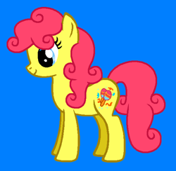 Size: 559x545 | Tagged: safe, artist:tommyboy68, imported from derpibooru, fiesta flair, earth pony, pony, blue background, curly hair, cute, female, fiestabetes, g3, g3 to g4, g4, generation leap, mare, ms paint, needs more saturation, simple background, smiling, solo