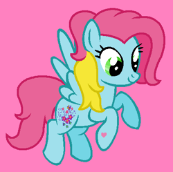 Size: 451x449 | Tagged: safe, artist:tommyboy68, imported from derpibooru, thistle whistle, pegasus, pony, cute, female, flying, g3, g3 to g4, g4, generation leap, heart, hoof heart, mare, pink background, simple background, smiling, thistle whistle can fly, thistlebetes