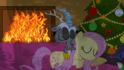 Size: 1280x720 | Tagged: safe, artist:mlplary6, imported from derpibooru, discord, fluttershy, draconequus, pegasus, pony, christmas, christmas tree, discoshy, female, fire, fireplace, holiday, male, shipping, straight, tree