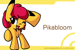 Size: 1280x853 | Tagged: source needed, safe, artist:arielsbx, imported from derpibooru, apple bloom, pikachu, ikue otani, japanese, looking at you, one eye closed, pikabloom, pokefied, pokémon, solo, voice actor joke, wink