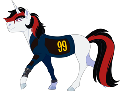 Size: 2250x1700 | Tagged: safe, artist:uunicornicc, imported from derpibooru, oc, oc only, oc:blackjack, pony, unicorn, fallout equestria, fallout equestria: project horizons, clothes, female, jumpsuit, mare, pipbuck, simple background, solo, vault security armor, vault suit, white background