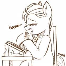 Size: 1450x1450 | Tagged: safe, artist:maren, imported from derpibooru, sunny starscout, earth pony, pony, book, eyes closed, g5, monochrome, my little pony: a new generation, open mouth, simple background, sketch, solo, table, yawn