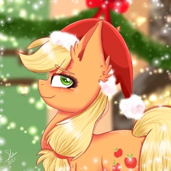 Size: 1280x1280 | Tagged: safe, artist:galaxy swirl, derpibooru exclusive, imported from derpibooru, applejack, earth pony, pony, christmas, cute, eye clipping through hair, eyebrows, eyebrows visible through hair, female, freckles, happy, hat, holiday, jackabetes, light, looking at you, mare, santa hat, smiling, smiling at you, solo