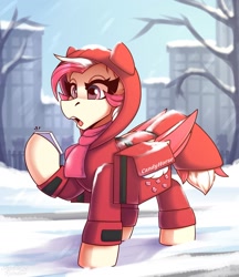 Size: 1900x2200 | Tagged: safe, artist:shadowreindeer, imported from derpibooru, oc, oc only, oc:candy rain, pegasus, pony, bag, cellphone, city, clothes, commission, delivery pony, female, jacket, mare, open mouth, phone, saddle bag, scarf, smartphone, snow, solo, winter, ych result