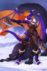 Size: 3000x4500 | Tagged: safe, artist:redwix, imported from derpibooru, oc, oc:violet flare, anthro, dracony, dragon, hybrid, wolf, axe, breasts, clothes, female, horns, mare, snow, snowfall, weapon, wings