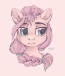 Size: 1105x1295 | Tagged: safe, artist:vird-gi, imported from derpibooru, sunny starscout, earth pony, pony, braid, bust, crying, eyebrows, female, g5, hairclip, mare, my little pony: a new generation, portrait, sad, signature, simple background, solo, teary eyes