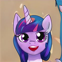 Size: 1024x1024 | Tagged: safe, imported from derpibooru, pony, unicorn, ai content, ai generated, bust, female, generator:thisponydoesnotexist, looking at you, mare, multicolored hair, not twilight sparkle, open mouth, portrait, purple eyes, smiling, solo, teeth