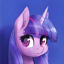 Size: 1024x1024 | Tagged: safe, imported from derpibooru, pony, ai content, ai generated, blue background, bust, generator:thisponydoesnotexist, horn, not twilight sparkle, portrait, shadow, simple background, solo