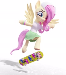 Size: 1789x2048 | Tagged: safe, artist:xppp1n, imported from derpibooru, fluttershy, pegasus, pony, semi-anthro, 3d, clothes, shadow, shirt, simple background, skateboard, skirt, tail, white background, wings, wristband