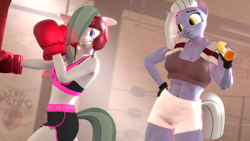 Size: 816x459 | Tagged: safe, artist:arrell, imported from derpibooru, limestone pie, marble pie, anthro, earth pony, art pack:buff and tough, 3d, abs, belly button, boxing gloves, clothes, female, fingerless gloves, gloves, hand, headgear, liftstone pump, midriff, muscles, muscular female, standing, tail