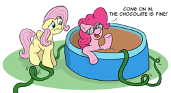 Size: 1983x1080 | Tagged: safe, artist:doodledonutart, imported from derpibooru, fluttershy, pinkie pie, earth pony, pegasus, pony, chocolate, chocolate bath, comic, food, hose, swimming pool, this will end in yeast infection