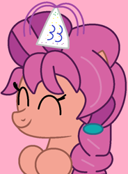 Size: 586x796 | Tagged: safe, artist:iambrillancetheppg, artist:jadeharmony, imported from derpibooru, sunny starscout, earth pony, pony, base used, birthday, cute, eyes closed, female, g5, hat, mare, my little pony: a new generation, party hat, pink background, simple background, solo, sunnybetes, vanessa hudgens