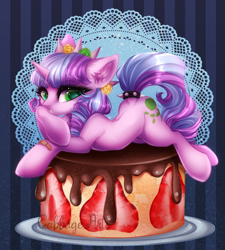 Size: 700x779 | Tagged: safe, artist:cabbage-arts, imported from derpibooru, oc, oc only, original species, pony, backbend, cake, commission, commissioner:sk-ree, female, flexible, food, lying down, multicolored mane, prone, solo, strawberry, ych result