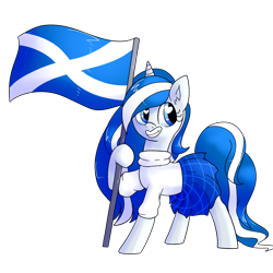 Size: 2500x2500 | Tagged: safe, artist:northernlightsone, derpibooru exclusive, imported from derpibooru, oc, oc only, oc:balmoral, pony, unicorn, clothes, female, flag, grin, high res, horn, kilt, mare, raised flag, scotland, simple background, smiling, solo, sweater, transparent background, unicorn oc