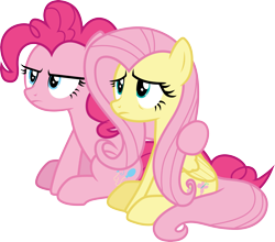 Size: 3415x3000 | Tagged: safe, artist:cloudy glow, imported from derpibooru, fluttershy, pinkie pie, earth pony, pegasus, pony, school raze, .ai available, duo, duo female, female, high res, hoof on shoulder, mare, simple background, sitting, transparent background, vector