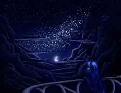 Size: 3250x2500 | Tagged: safe, artist:vezja, imported from derpibooru, princess luna, alicorn, pony, balcony, cloud, female, high res, horn, mare, moon, moonlight, night, night sky, railing, sky, solo, stars