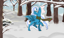 Size: 1280x768 | Tagged: safe, artist:howlerwolf101, imported from derpibooru, oc, oc only, oc:fleurbelle, alicorn, alicorn oc, bow, clothes, female, forest, hair bow, horn, icicle, mare, scarf, snow, solo, striped scarf, wings, winter